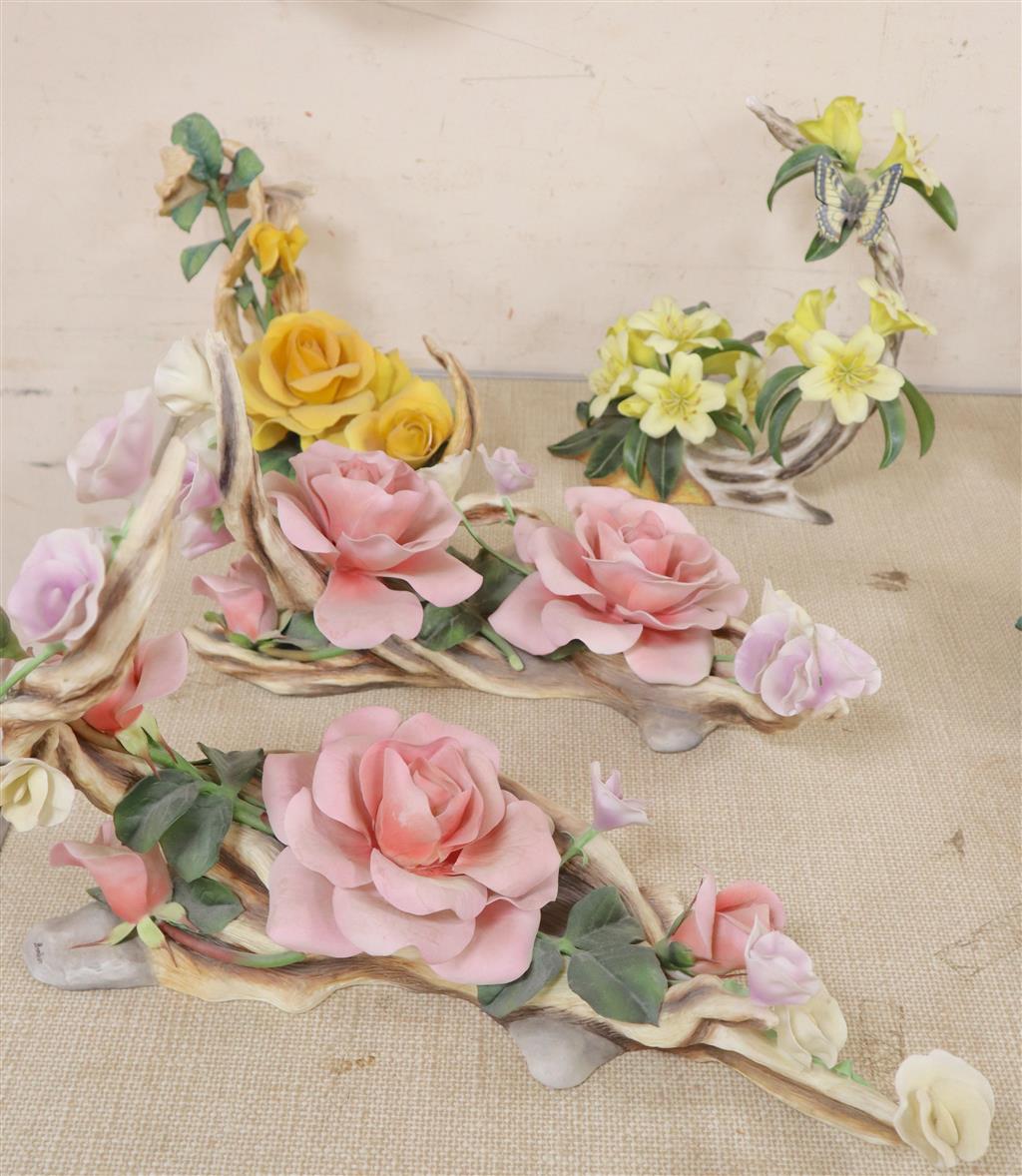 Four Boehm flower groups - two Queen Elizabeth Rose with Sweet Pea centrepieces no.5, Grandpa Dixon Rose no.61 and Yellow Rhododendron